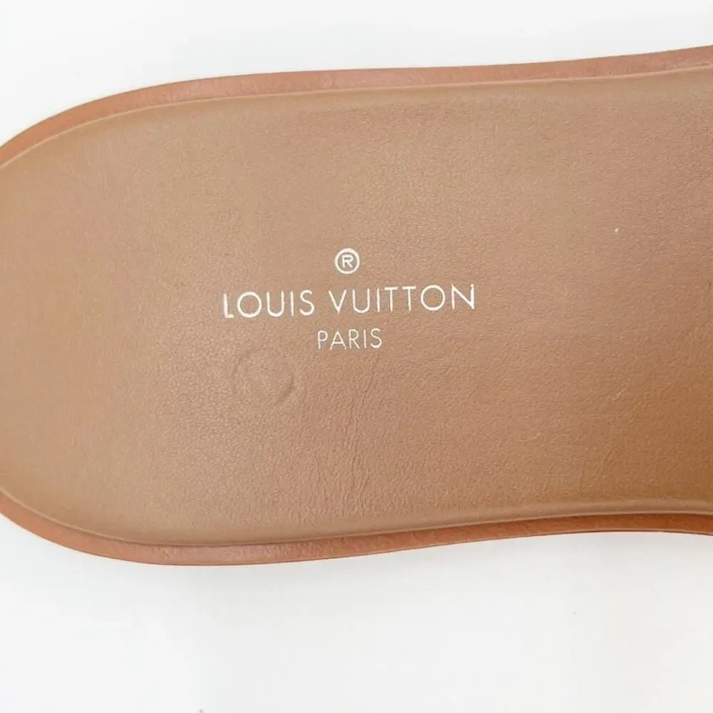 Louis Vuitton Camel Mink Fur Gold LV Logo Lock It Flat Slide Mule Sandals EU 36